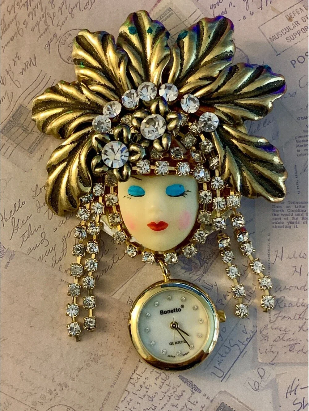 Vintage Bonetto Quartz Watch Brooch Painted Face Rhinestone Statement Pin